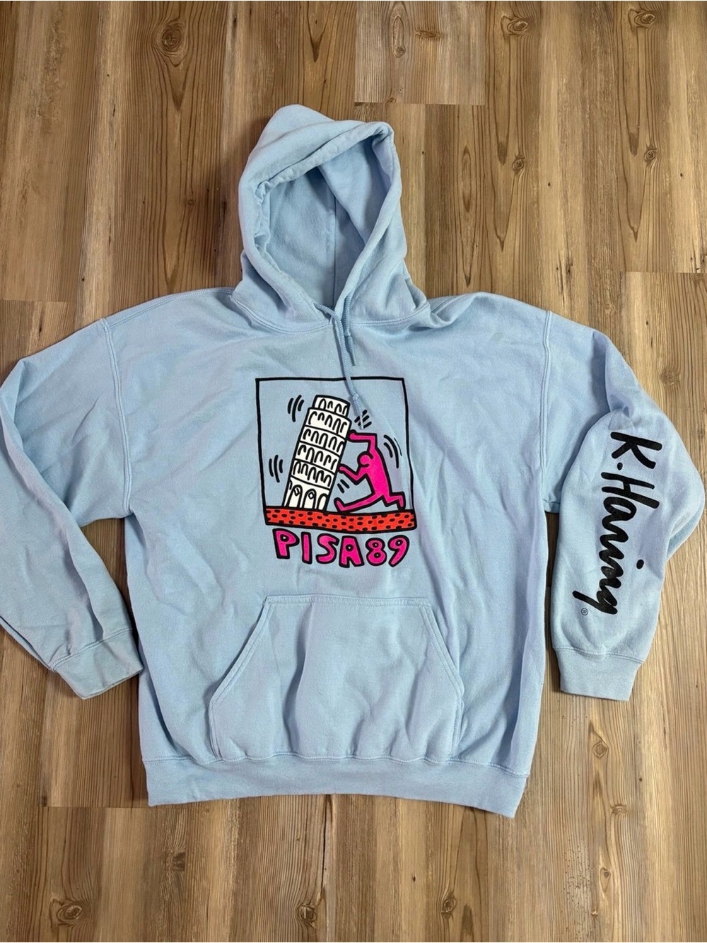 Keith Haring Graphic Crewneck Hoodie with 'PISA 89' Artwork Sz Large